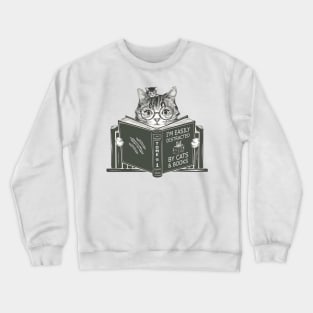 Easily Distracted By Cats And Books Cat And Book Lovers 2024 Crewneck Sweatshirt